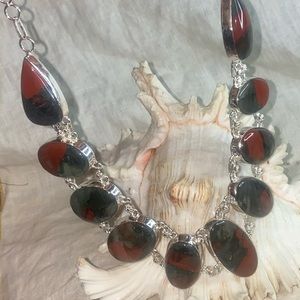 Bloodstone multi-gem cabochon statement cluster necklace